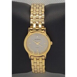 Womens Helbros 02921D Round Gold Tone Gray Dial Link Bracelet Analog Watch 01